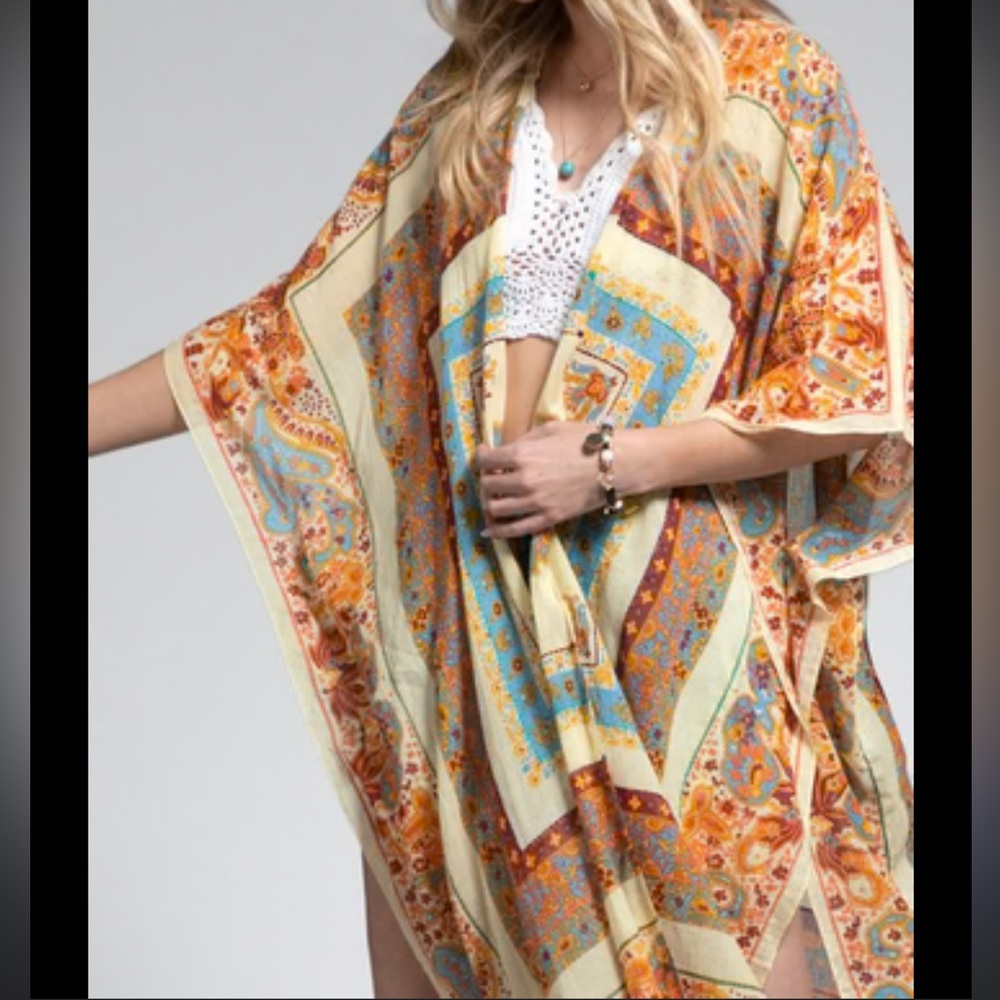 NWT Mandala Flower Paisley Kimono Boho Fringe Hem Old Delhi Ruggine Cardigan